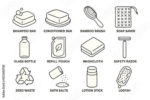Sustainable bathroom essentials: shampoo bar, bamboo brush, refill pouch, safety razor