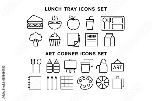 Lunch tray and art corner icon set featuring food and art supplies