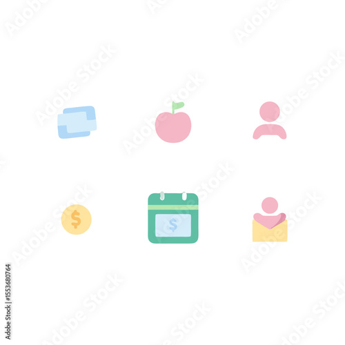 Colorful budgeting concept featuring a calendar, coin, apple, documents, and a person, all set against black bars, creating a simple, educational, and visually engaging design