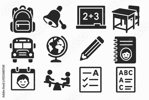 School icons: backpack, bell, blackboard, desk, bus, globe, pencil, notebook, calendar, playground, report card, alphabet