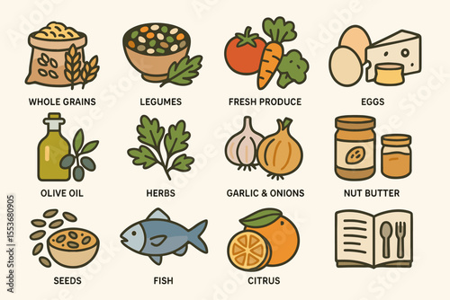 Healthy foods: grains, produce, proteins, oils, and spices illustrated icons