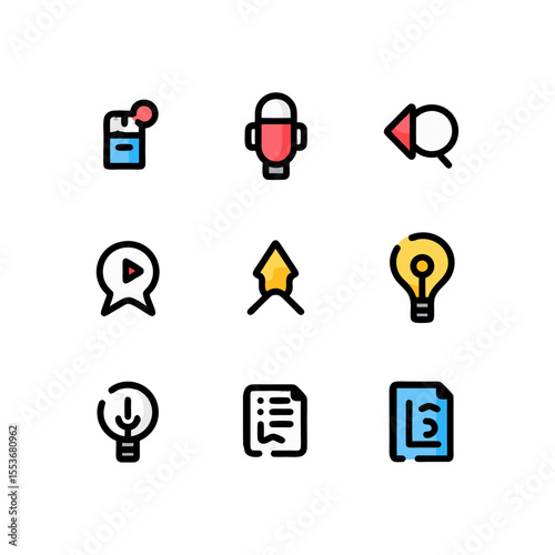 Creative icons illustrating planning, idea generation, and content creation processes in a modern vector design for digital media and business strategies