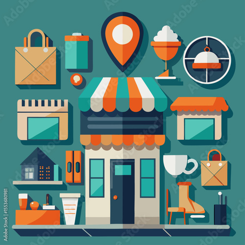 Shopping Icon Set – Flat Design in Teal, Orange, and Cool Gray


