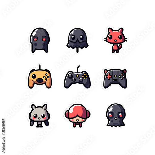Cute gaming sticker set featuring cartoon ghosts, red cat, gamepads and smiling girl with red hair for creative projects and digital designs