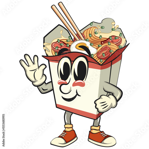 cute chinese noodles box mascot cartoon vector wave hands, kawaii ramen takeout character with chopsticks, isolated food illustration asian cuisine design, work of hand drawn