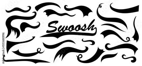 Whimsical set of whoosh, swirl, scroll, and curl elements. Perfect for sporty badge design, athletics themes, and decorative accents under text or logos. Vector collection of baseball swoosh