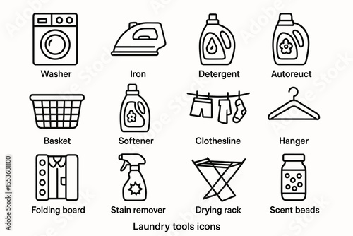Laundry tools icons: washer, iron, detergent, softener, and more for efficient clothing care