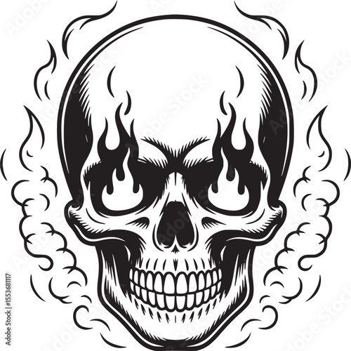 Skull with flames vector illustration for tattoo design or halloween concept black and white graphic art silhouette