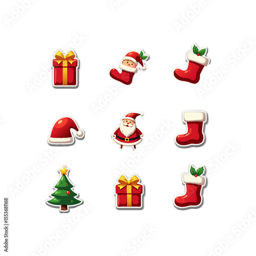 Festive Christmas sticker set featuring Santa Claus, gifts, tree, and stockings for holiday decoration and celebration with a cute and cartoonish style