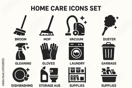 Home care icon set featuring broom, mop, vacuum, duster, and more cleaning tools