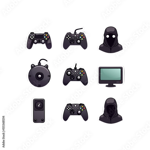 Gaming icons collection featuring game controllers, a monitor, and a mysterious hooded figure representing digital culture and modern entertainment
