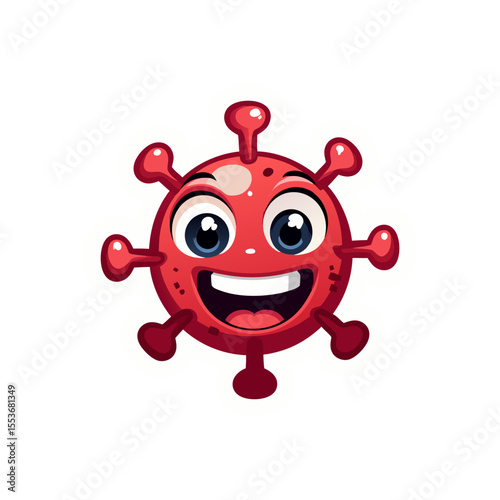 Happy red virus cartoon character with big eyes and a wide smile spreads its message of health and happiness in a fun and engaging way