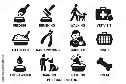 Essential pet care routine icons: feeding, brushing, walking, vet visit, cuddles