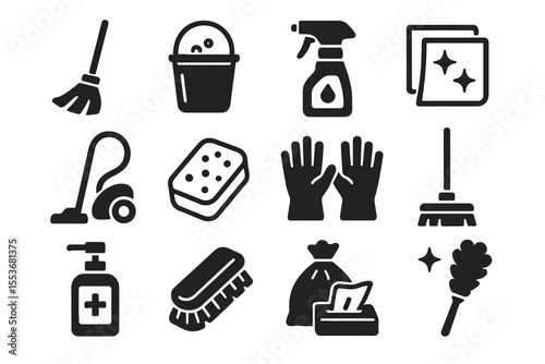 Cleaning icons: broom, mop, bucket, spray bottle, gloves, vacuum, sponge, soap, dust cloth, scrub brush