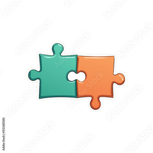Interlocking puzzle pieces in teal and orange illustration conveying unity and collaboration with connecting shapes and a clean, white background