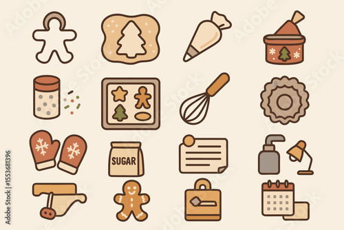 Holiday baking icons: sugar, gingerbread, sprinkles, cookies, tools, art