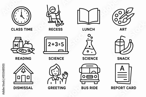 School day activities icons set: time, recess, lunch, art, science, snack, dismissal