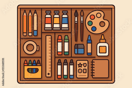 Colorful art supplies: paints, brushes, pencils, and craft tools in an organized tray