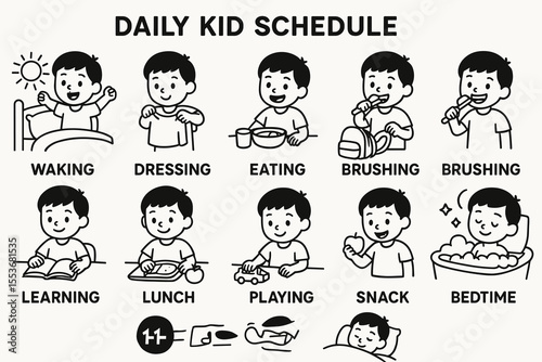 Daily routine for young asian child: activities from waking to bedtime