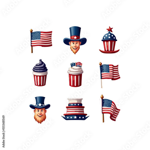 Patriotic celebration design featuring American flags, Uncle Sam hats and festive cupcakes for Independence Day vector illustration