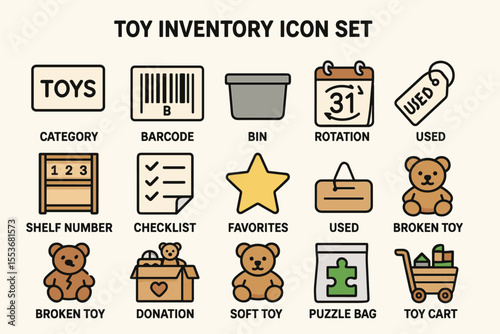 Colorful toy inventory icon set with teddy bears and labels for categorization