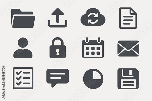 Set of 12 simple icons: folder, upload, cloud, document, user, lock, calendar, email, checklist, chat, chart, disk