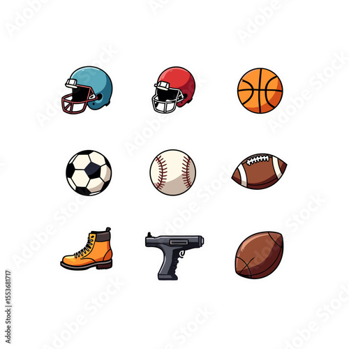 Sporting goods and protective wear illustration featuring football helmets, basketball, baseball, soccer ball, boot, and a firearm