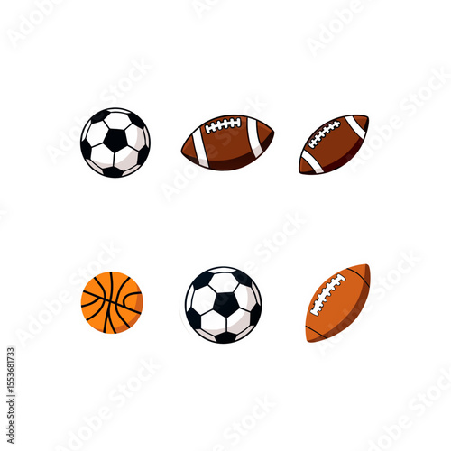 Sports balls collection featuring soccer balls, basketball, and footballs, perfect for sports themed designs and illustrations, showcasing athletic equipment diversity