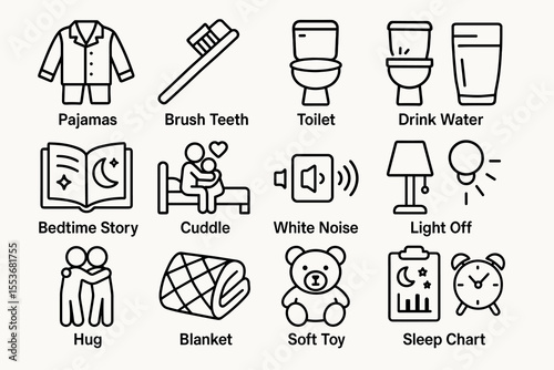 Bedtime routine icons: pajamas, toothbrush, toilet, cuddle, sleep chart