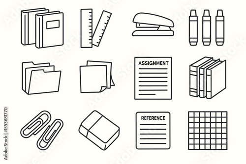 Office supplies collection: books, folders, rulers, stapler, markers, paper clips, eraser