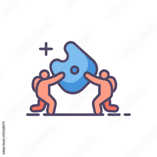 Teamwork illustration depicting two individuals collaborating to lift a large blue puzzle piece symbolizing problem solving and synergy