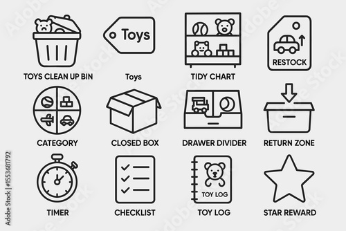 Toy organization icons: cleanup, storage, and reward system tools