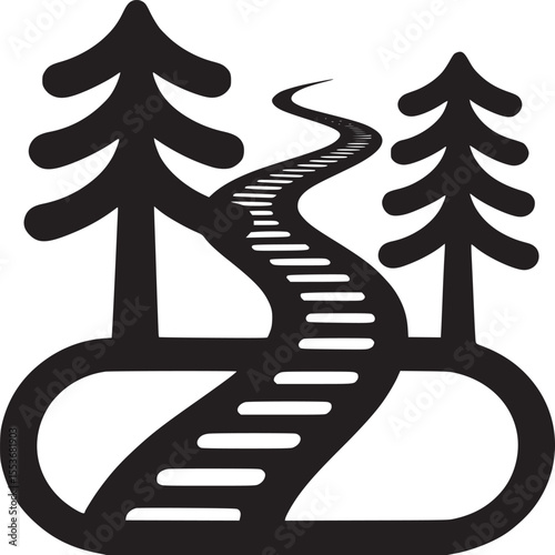 Black and white forest road design leading to adventure and nature exploration graphic illustration silhouette