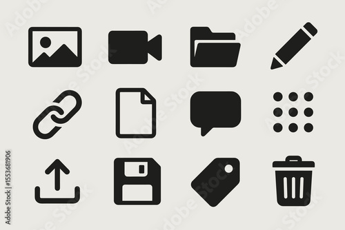 Icon set featuring images, video, files, editing tools, and communication symbols