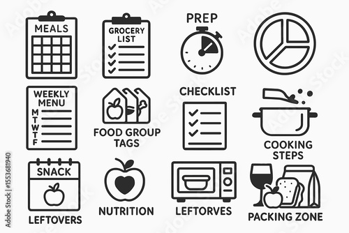 Meal planning icons: checklist, grocery list, cooking steps, nutrition