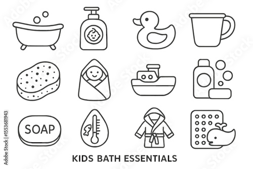 Outline of kids bath essentials: tub, toys, soap, towel, and thermometer icons