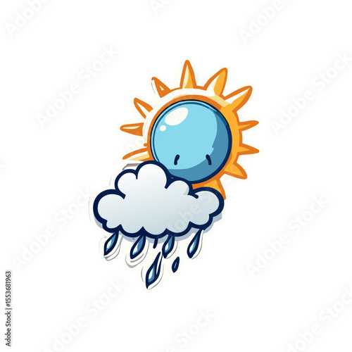 Weather forecast featuring a cartoon sun with a cloud and raindrops sticker design for meteorological themes