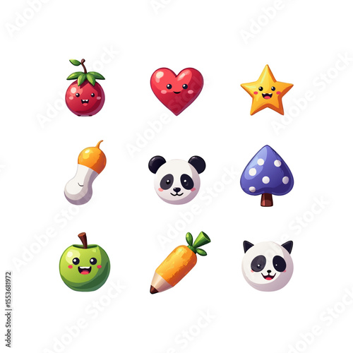 Whimsical cartoon fruit, vegetables, and animals in a colorful collection of vector illustrations, creating a playful and cheerful atmosphere for children's designs