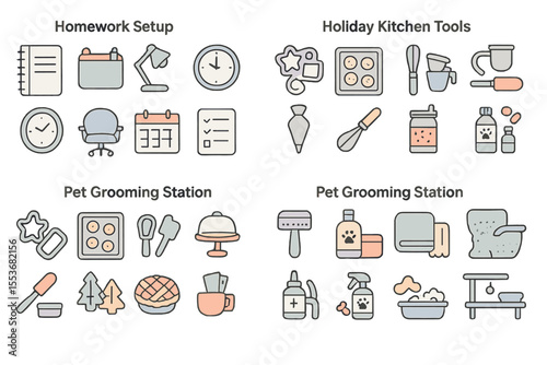 Organized home essentials: workspace, kitchen tools, pet grooming setup