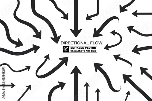 A collection of black arrows and circles pointing in different directions on a white background plane