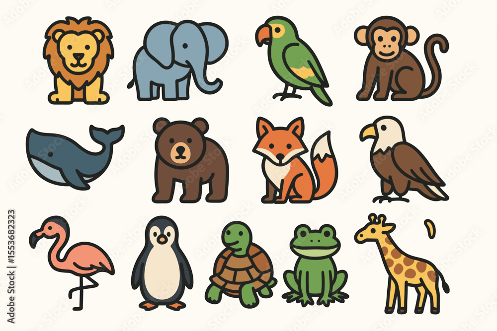 Obraz premium Colorful cartoon animal collection featuring lion, elephant, parrot, and more