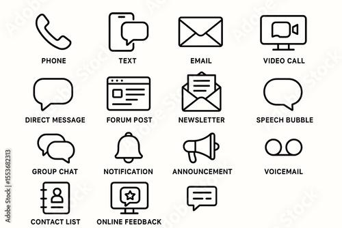 Communication icons: phone, email, video call, messaging, notification symbols