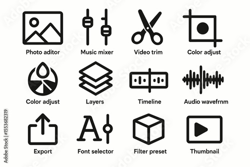 Graphic design and editing icons: tools for photo, audio, and video adjustments
