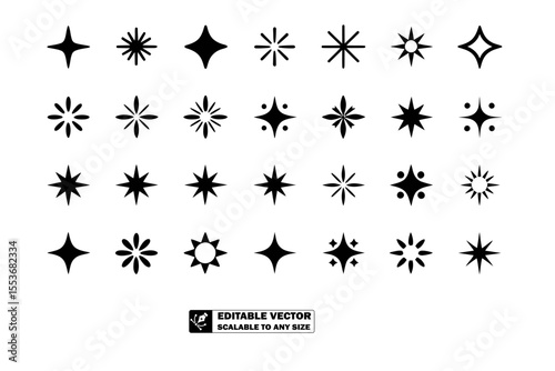 A collection of twenty four different black star shapes arranged on a light gray background in a grid pattern