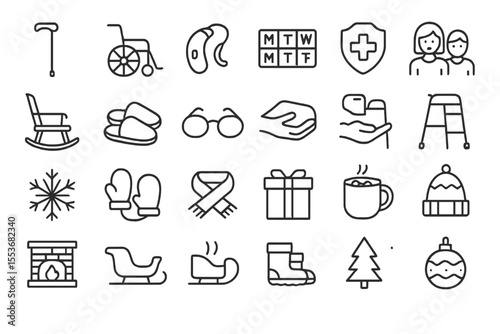 Winter and elderly care icons with medical and leisure symbols