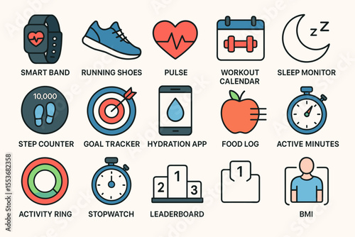 Fitness icons: smart band, running shoes, sleep monitor, workout calendar, step counter