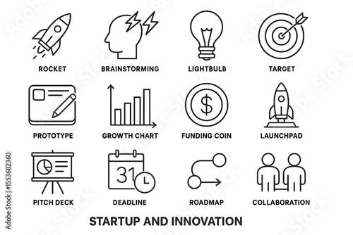 Startup and innovation icons: rocket, brainstorming, lightbulb, target, prototype, growth chart