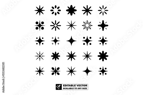 A collection of twenty four different black star shapes arranged on a light gray background in a grid pattern