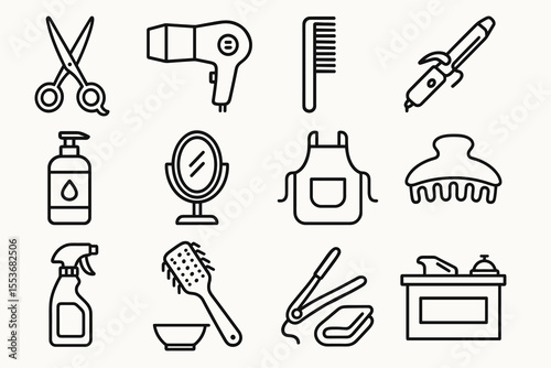Hair salon tools: scissors, dryer, comb, mirror, clippers, apron, spray, bottle