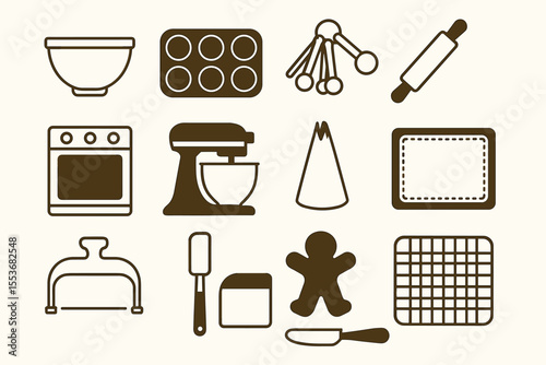 Baking icons set featuring oven, mixer, rolling pin, baking tray, and more kitchen tools